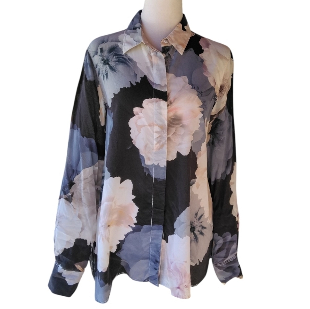 Pure Collection Stunning Moody Floral Washed Silk Blouse Cream Navy Size 6